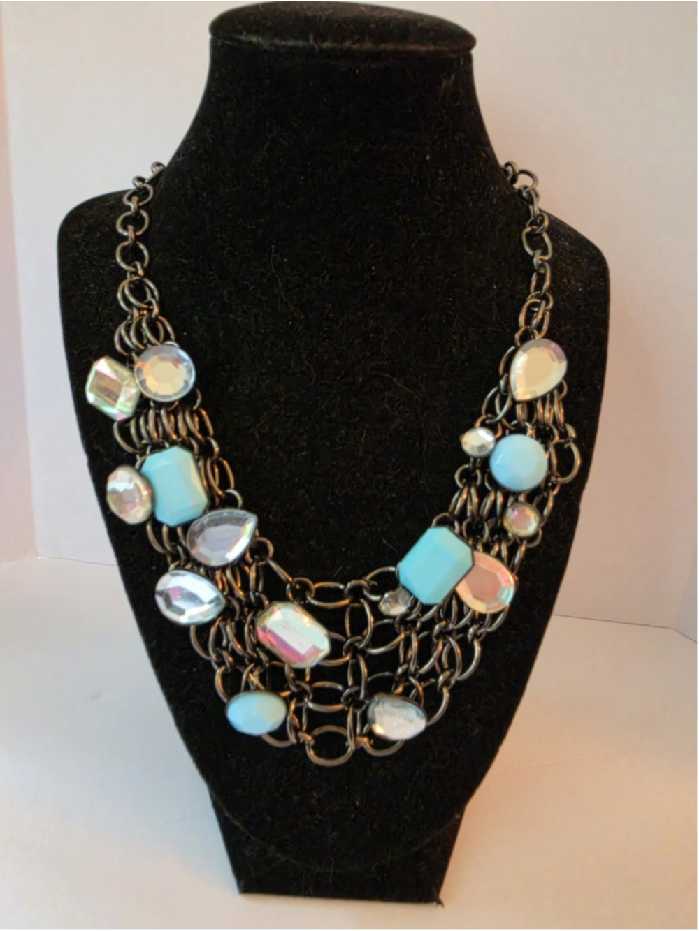 Gunmetal Multi Strand Statement Bib Necklace Turquoise Iridescent Faux Crystal